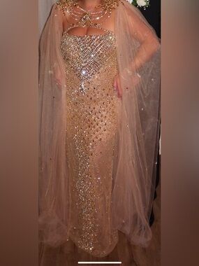Beaded Gold Evening Gown with Sheer Capelet